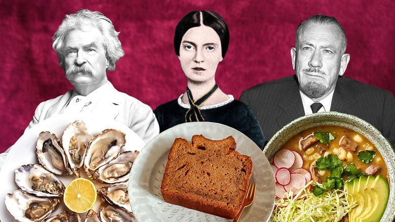 Three literary figures and their favorite foods on red background