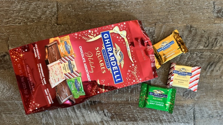 Ghirardelli chocolate squares and package on table