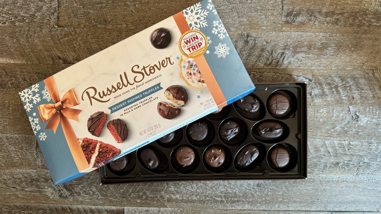 Russell Stover truffles box opened up on table