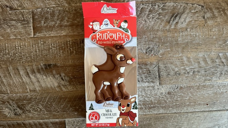 Rudolph chocolate candy and package on table