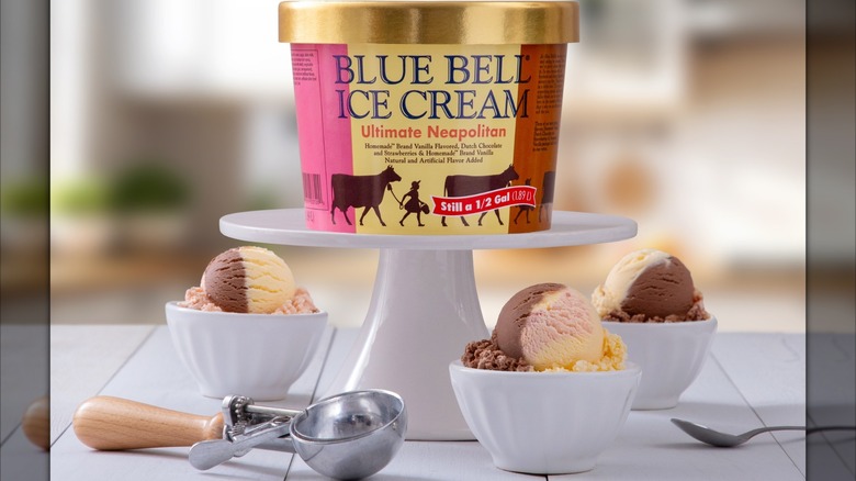 Blue Bell Neopolitan ice cream with three dishes and scoops