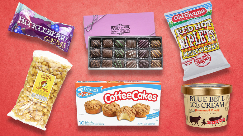 six types of snacks on red background