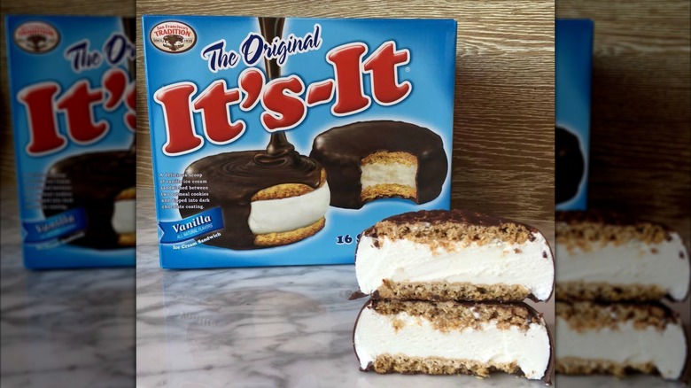 Box of original It's-It with ice cream sandwich cut in half
