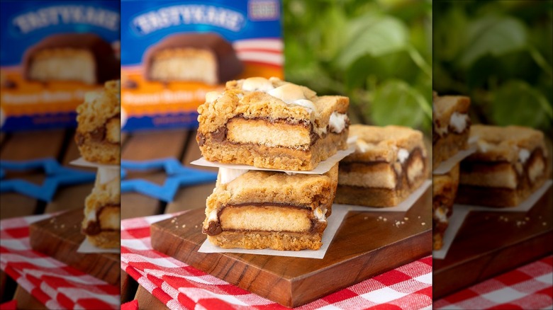 Tatykake on a cutting board with blurred box in the background