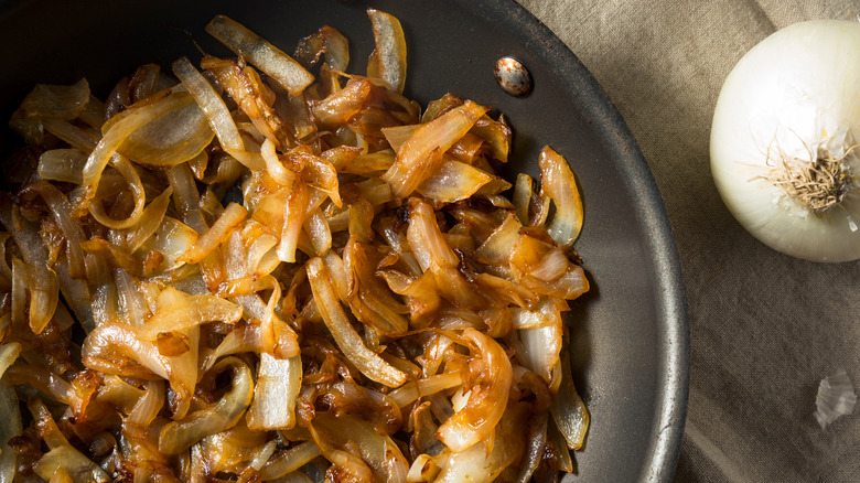 Caramelized onions in black pan