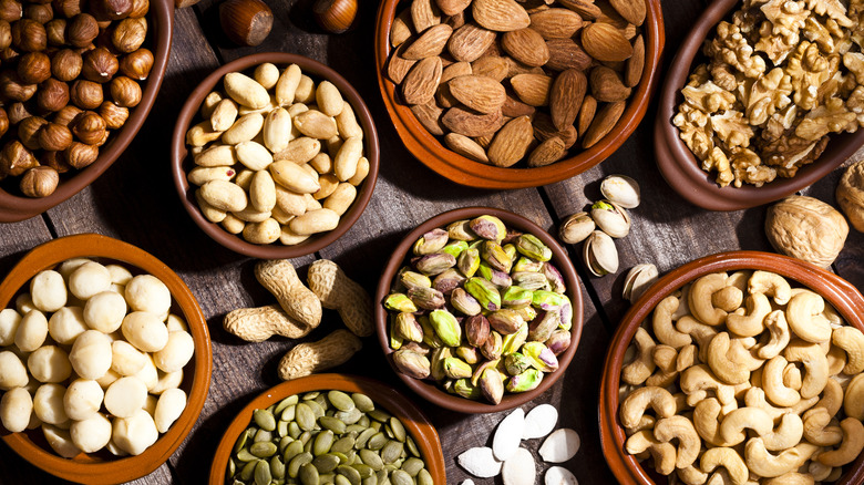 Assorted nuts in bowls