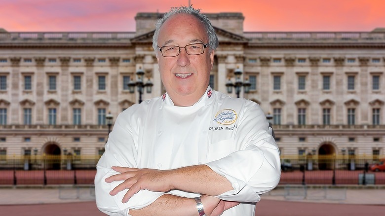 Composite image depicting Darren McGrady standing in front of Buckingham Palace