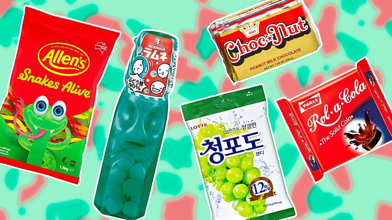 International candies on green background