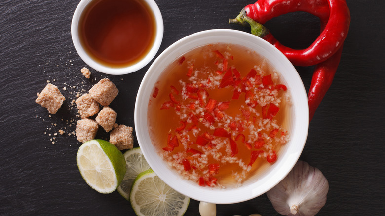 Chili sauce bowl and ingredients