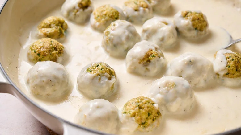 Close-up of chicken Florentine meatballs