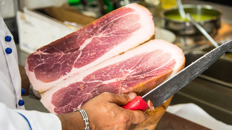 Leg of prosciutto cut open