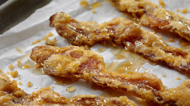 Candied bacon on baking sheet 