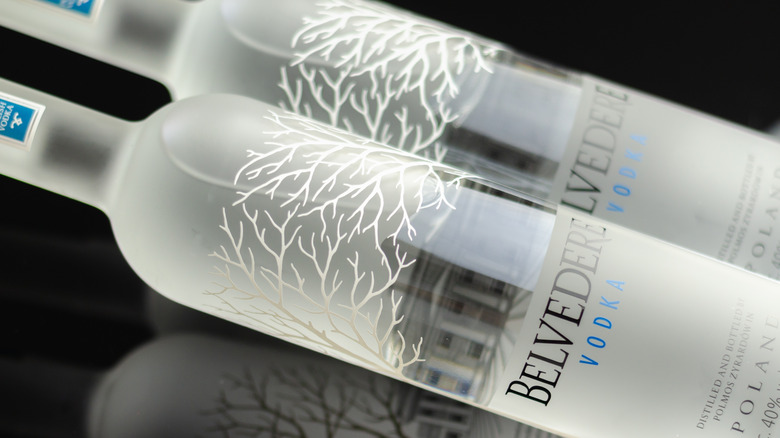 Two bottles of Belvedere vodka on a black reflective background