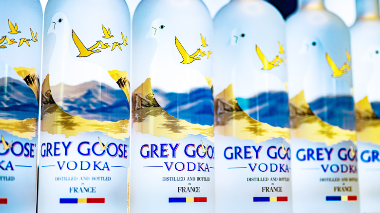 Bottles of Grey Goose vodka backlit