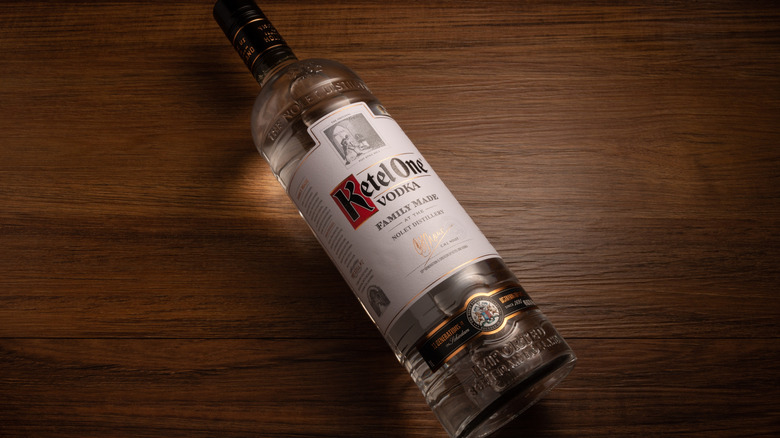 Bottle of Ketel One on a wooden surface