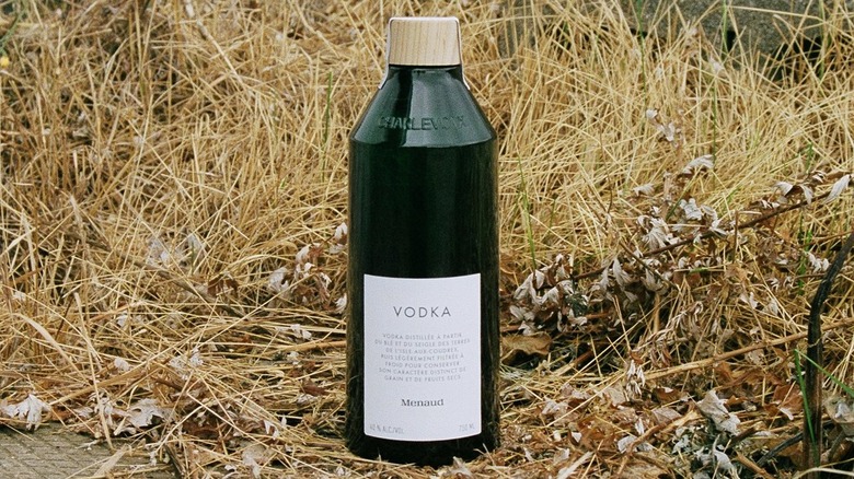 Menaud vodka sitting outside in dying grass