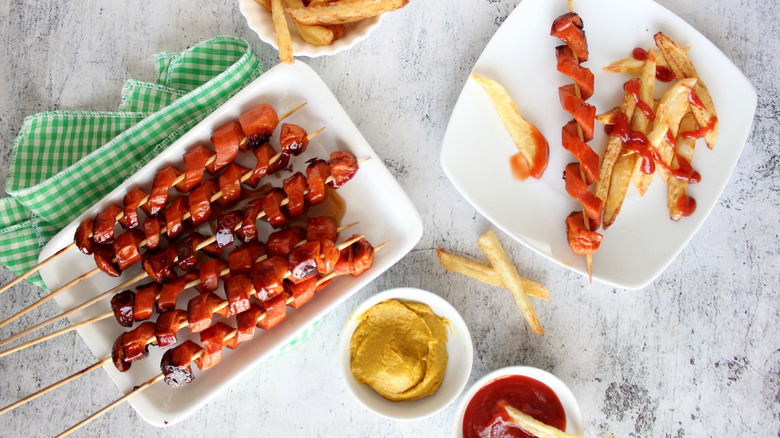 spiralized hot dogs on tray