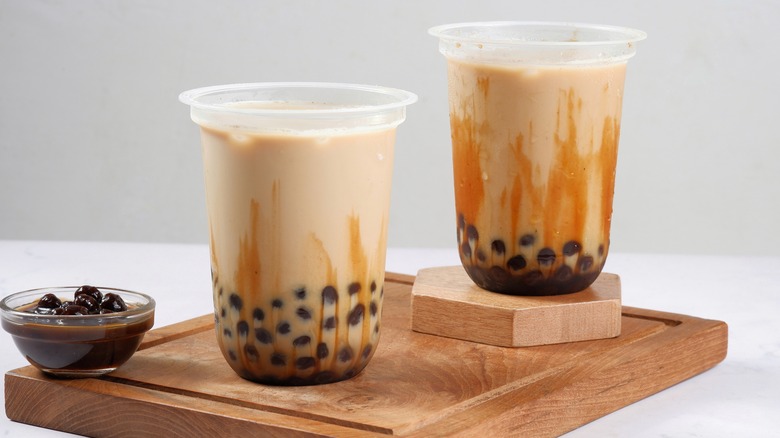 Bubble tea on cutting board