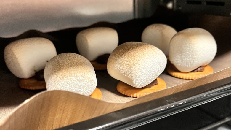 s'mores baking in an oven