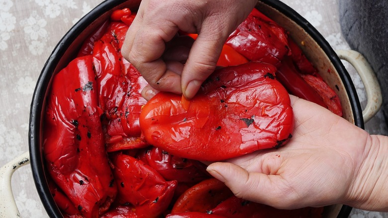 Peeling roasted red pepper