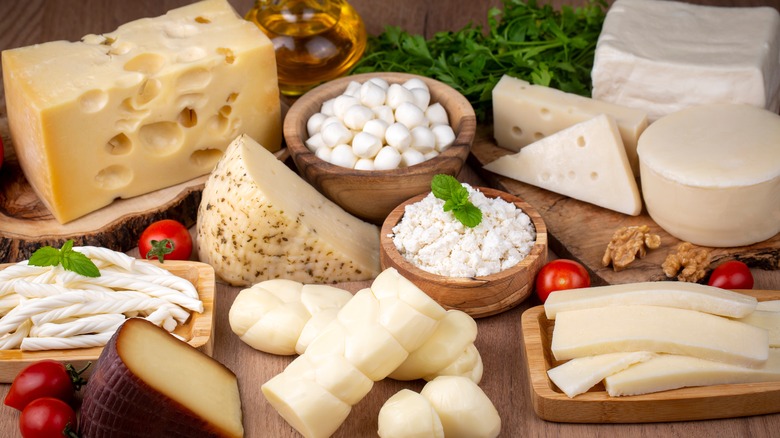 Variety of cheeses on table