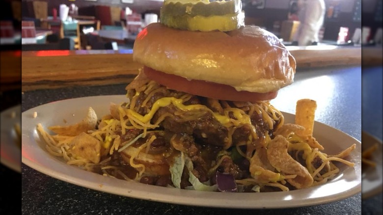 Frito Pie Burger at Buster's Place on a table