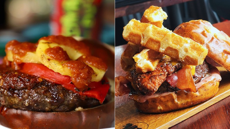 Split image of Kuma's Corner High on Fire and Sourvein burgers
