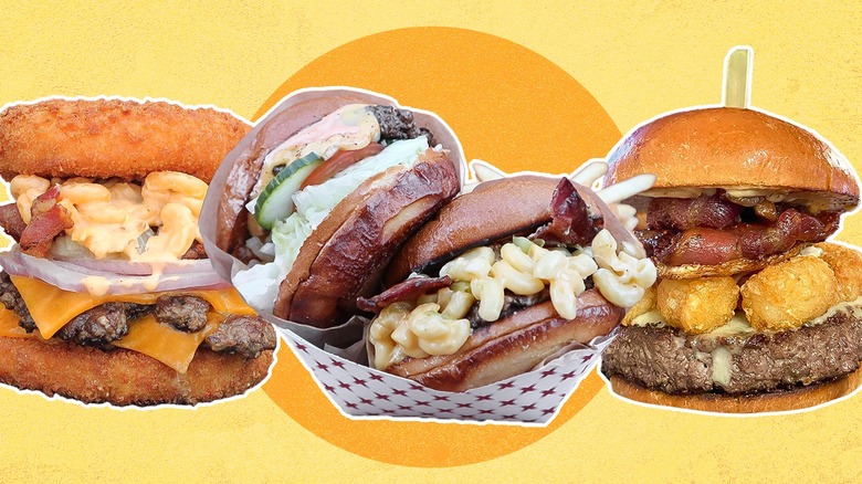 Three burgers before a yellow background