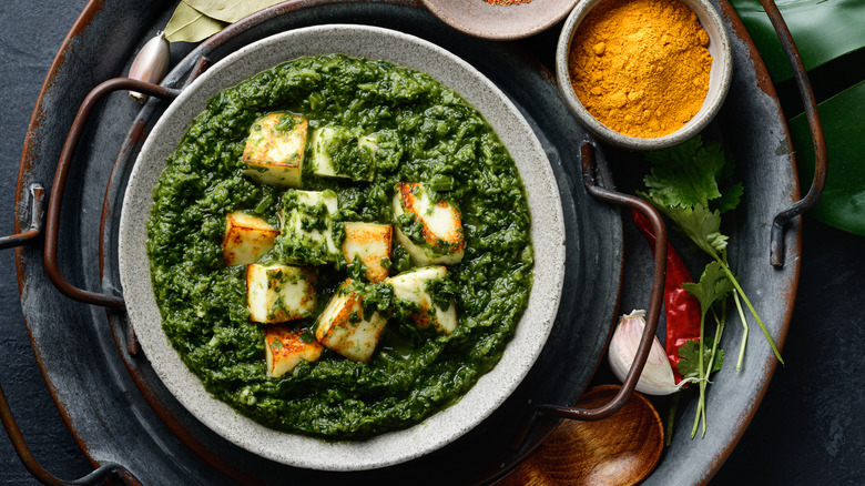 Palak paneer in serving dish