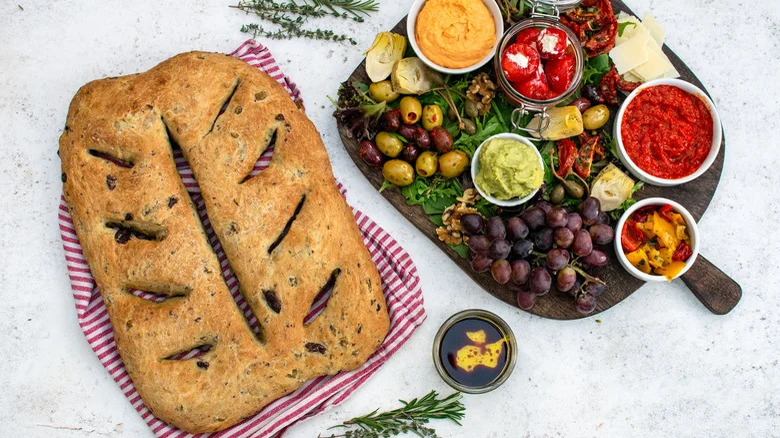 Fougasse next to antipasto board 