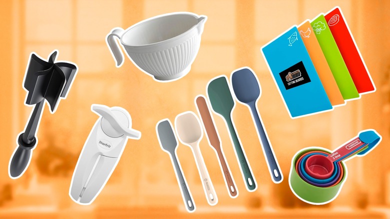Various kitchen tools against an orange-filtered kitchen backdrop