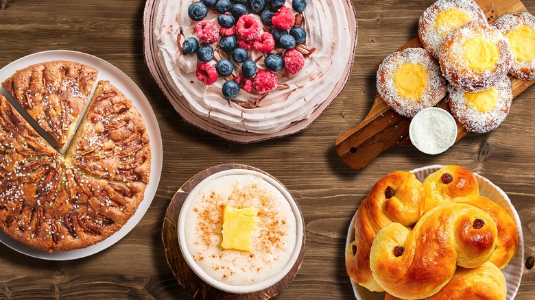 Several Norwegian desserts on a wooden table