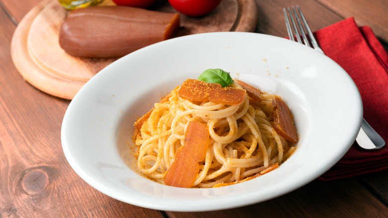 Bowl of spaghetti with mullet bottarga