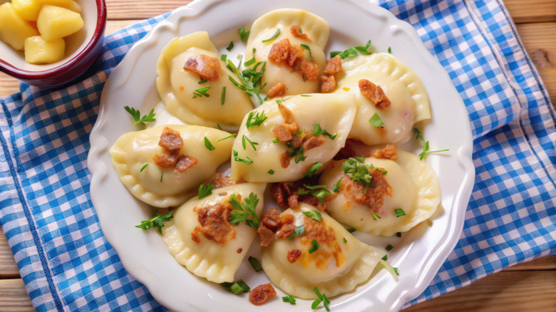 Pierogi topped with crispy fried onions