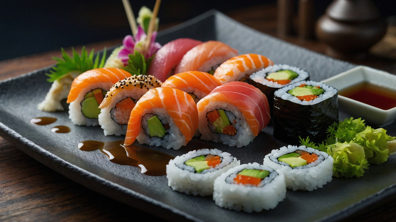 A vibrant sushi platter on black slate