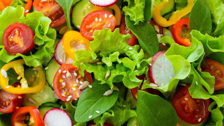 Vegetable salad containing tomatoes, greens, radishes and peppers