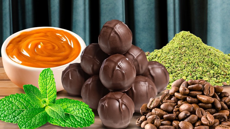 Chocolate truffles with coffee beans, pistachios, caramel, and mint