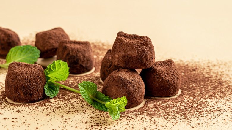 Chocolate truffles with fresh mint