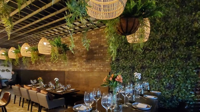 plant wall surrounded by tables and glasses