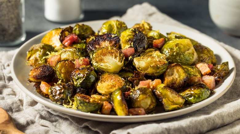 Blackened Brussels sprouts in dish