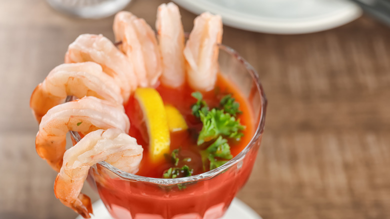 Shrimp cocktail in glass dish