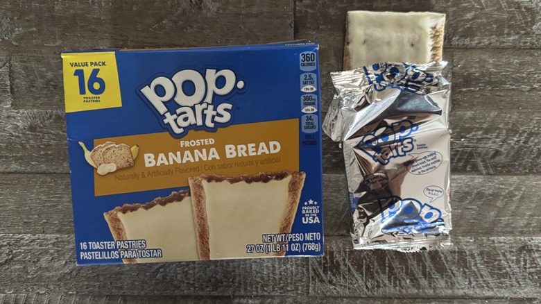 Banana bread pop tarts in a box next to unwrapped pop-tart