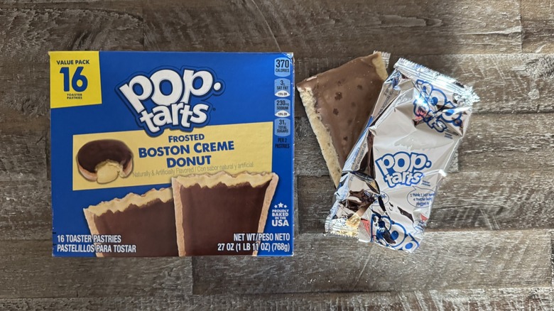 Boston creme donut Pop-Tart box next to unwrapped pop-tart