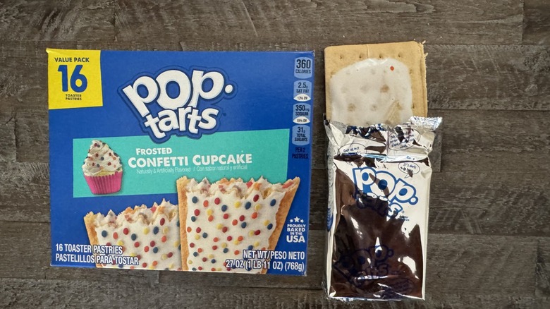 Frosted confetti cupcake Pop-Tart box next to unwrapped pop-tart