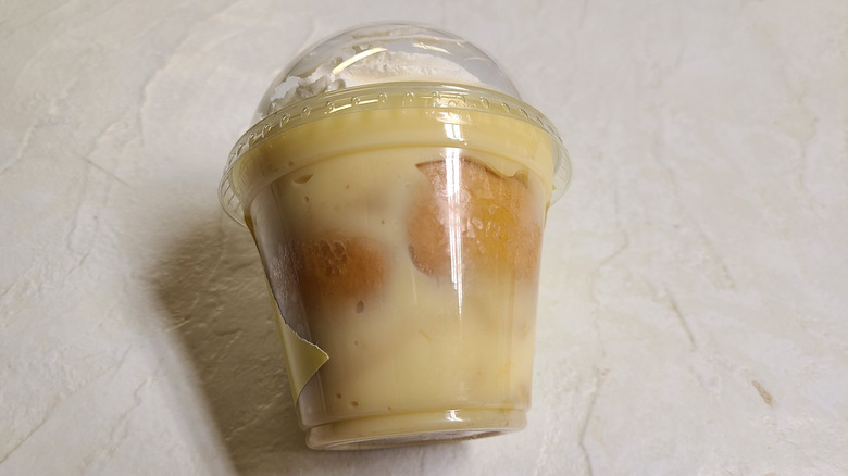 Buc-ee's Banana pudding in a plastic cup on a white table