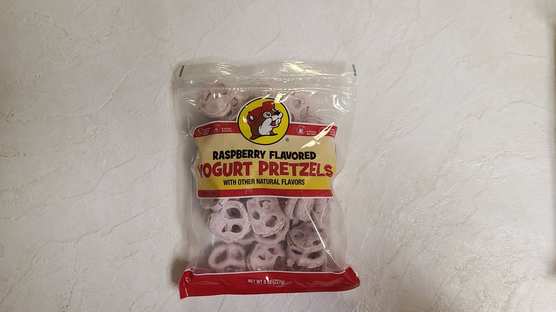 Bag of Buc-ee's yogurt covered pretzels on a white table