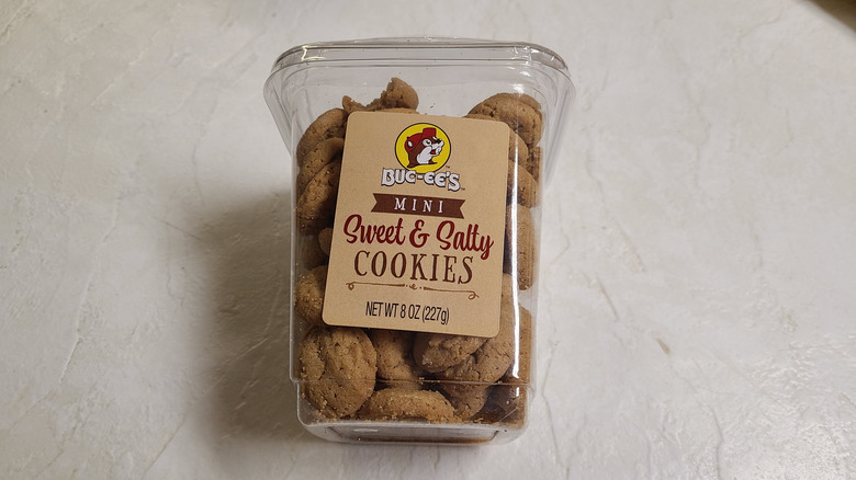 Box of Buc-ee's cookies on a white table