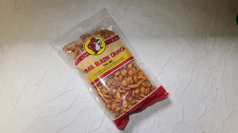 Bag of Buc-ee's trail mix on white table