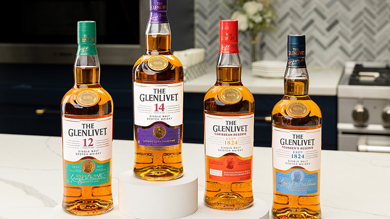 The Glenlivet product lineup on counter