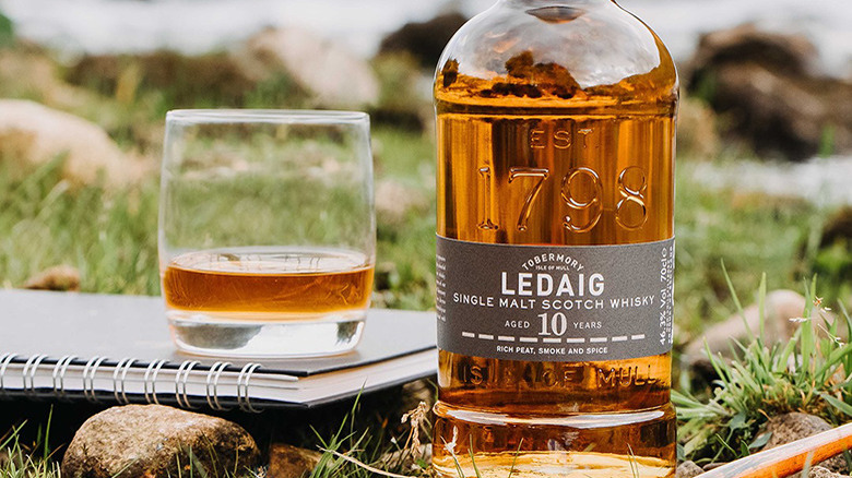 bottle of Ledaig 10-Year on grass